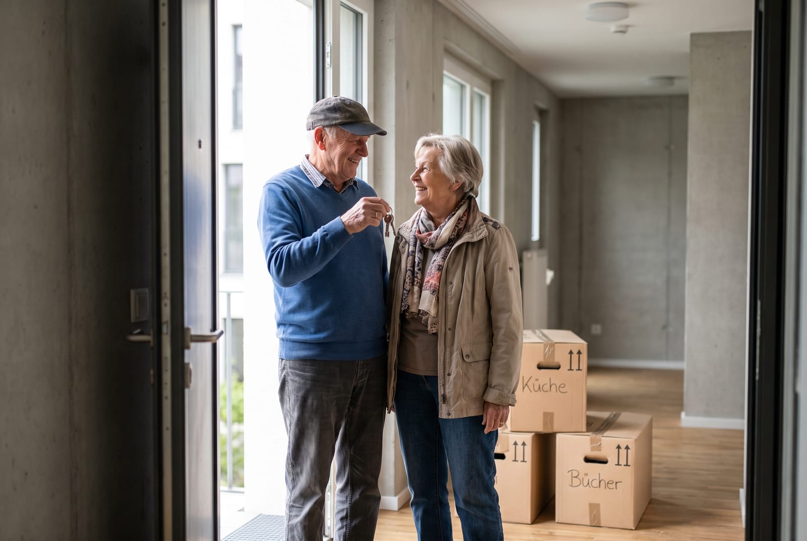 Ein älteres Ehepaar steht mit dem Schlüssel in der Tür seiner neuen ebenerdigen Wohnung.